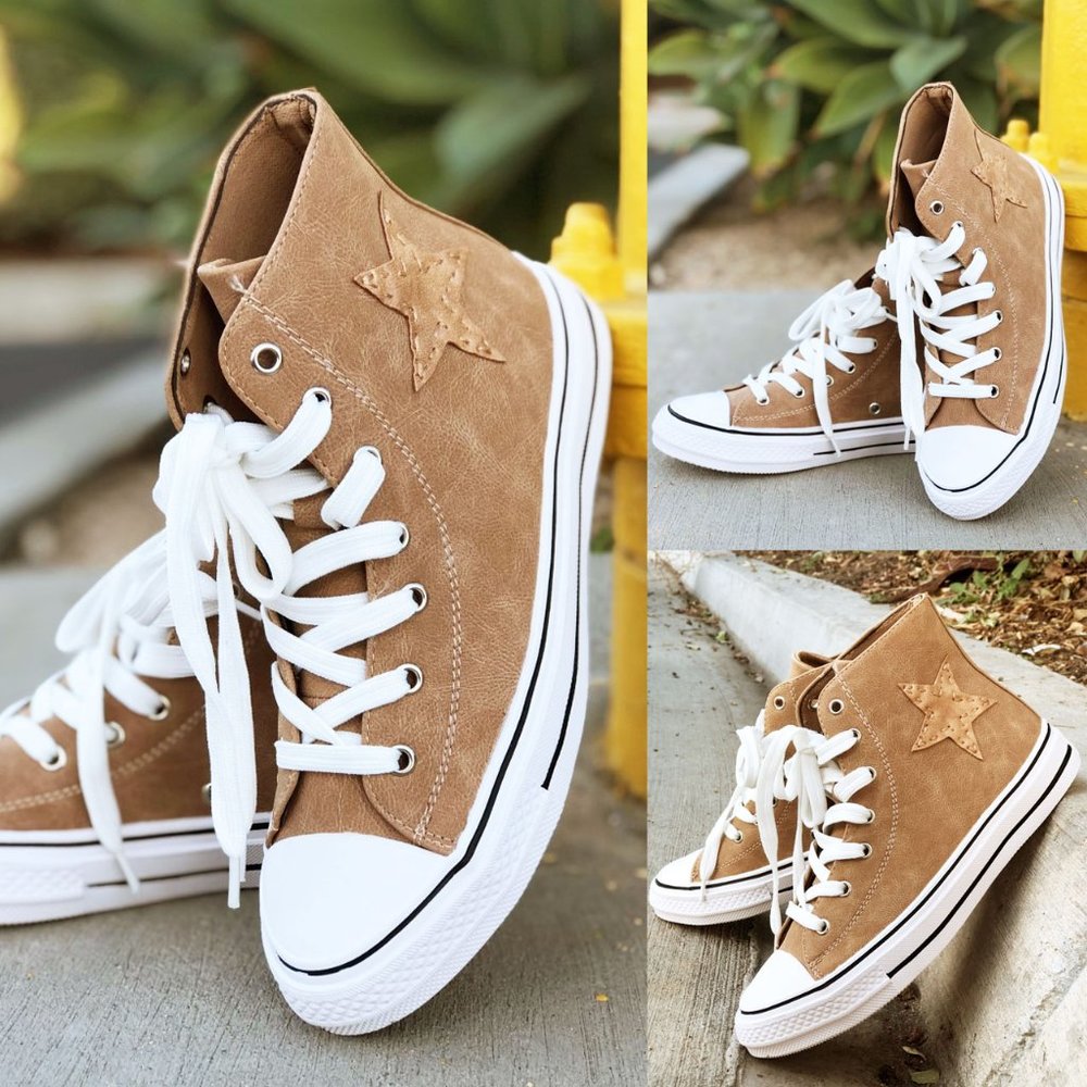 NEW High Top Faux Leather Stitch Star Patch Casual Sneakers Shoes Camel Beige - Picture 5 of 11